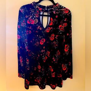 Floral Crushed Velvet Long Sleeve Black Mini Dress/ Long Shirt.